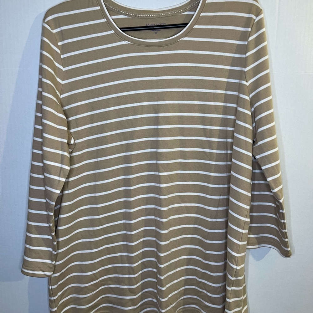 Laura Scott tan and white striped 3/4 sleeve shirt